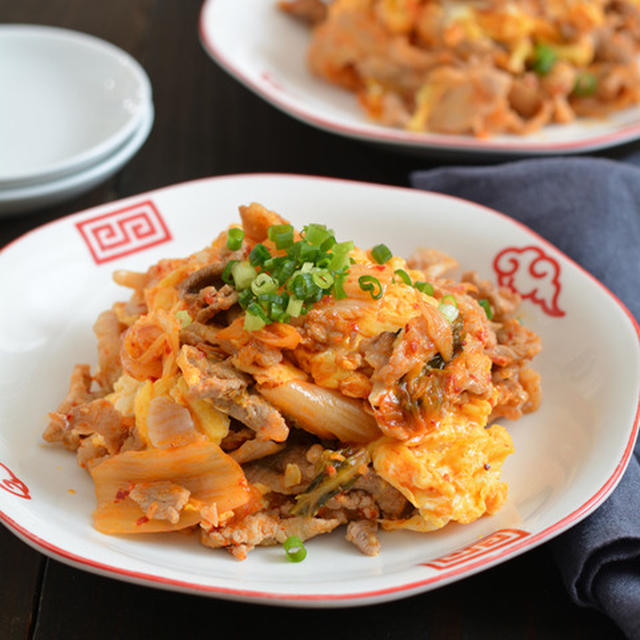 豚キムチ卵炒め。【ほぼ材料・炒めおかず・卵増し可）のごはんの日。