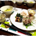淡いピンクの新たまねぎサラダとか水菜の豚巻き串とか。