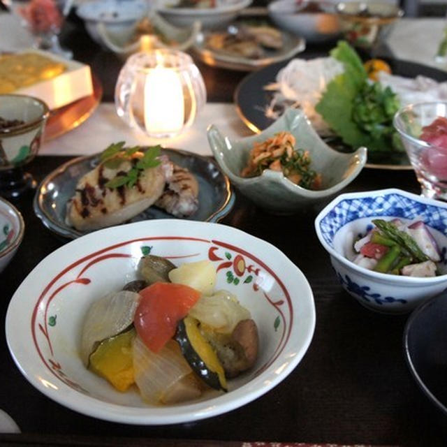 残り物とお刺身の夕食