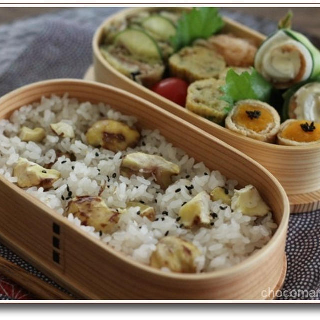 今日のお弁当（ロコモコ丼と栗ご飯弁当）