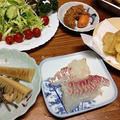 鯛の刺身と筍の天ぷら。椅子の上でまどろむあんこ