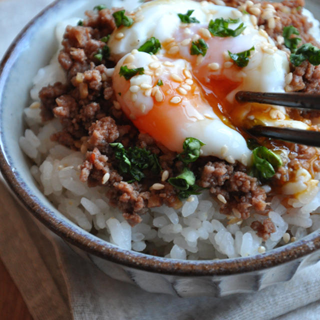 ピリ辛そぼろと半熟玉子のせ丼とドラゴン