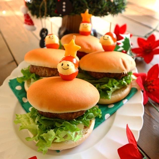 ミニトマトとマッシュポテトでサンタさん＊デコハンバーガー
