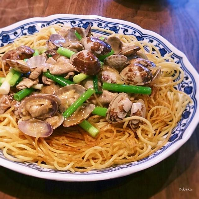 あさりと豚肉のねぎ餡掛け焼きそば