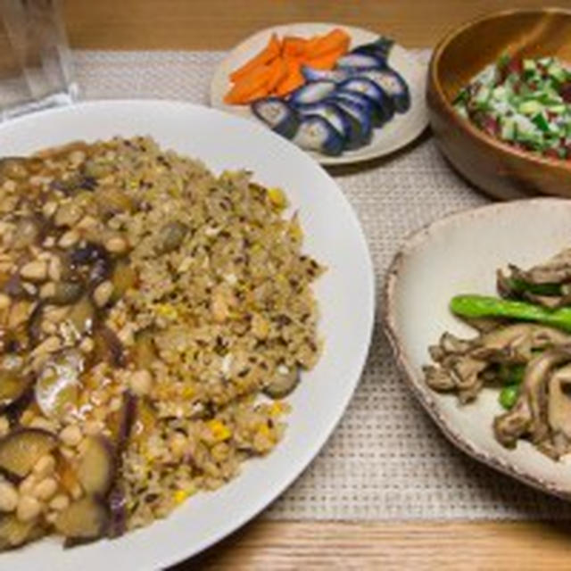 茄子と大豆のあんかけチャーハン、舞茸とししとうの炒め物
