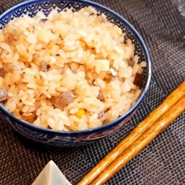 今酔いは中華、筍たっぷり中華風炊き込み飯、ホタテの花椒焼き、チンゲン菜の豆乳クリーム煮