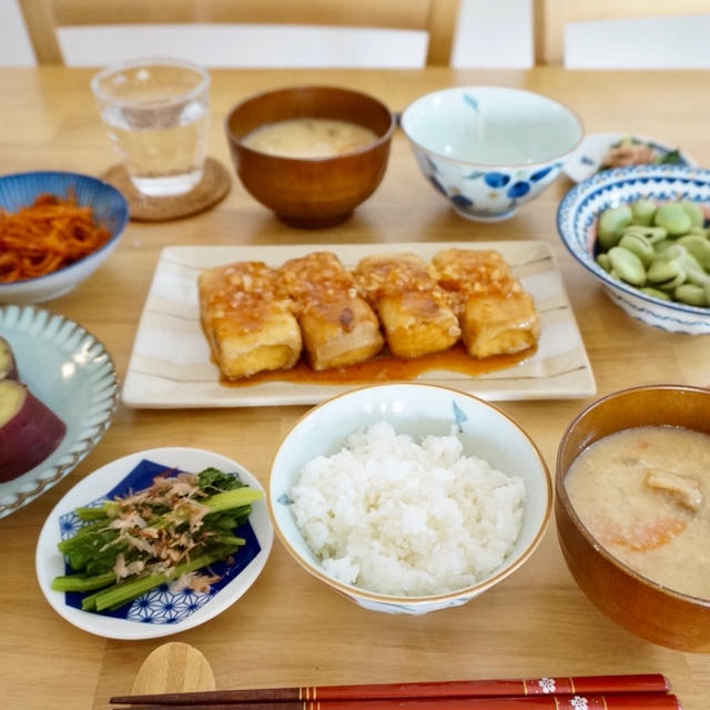 【献立】100円でゲットした酒粕で粕汁～！肉巻き厚揚げ♡-作り置き✻汁物