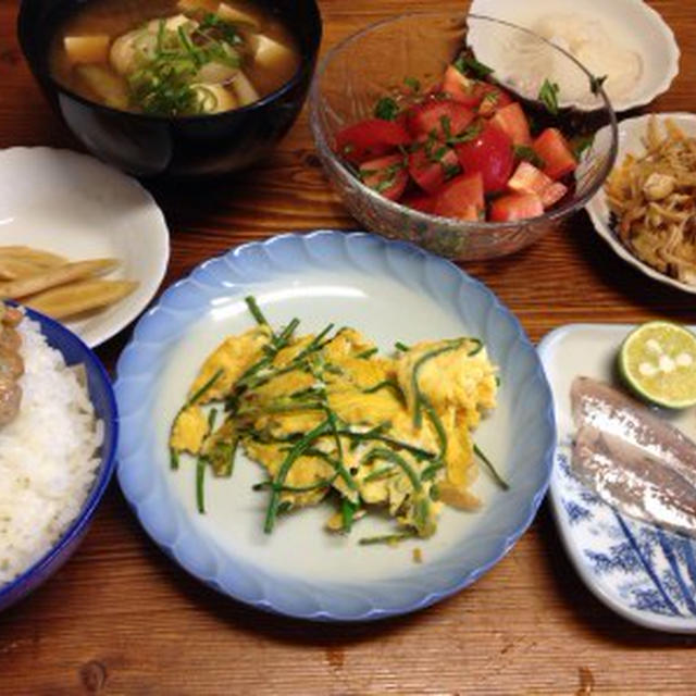 花ニラ入りニラ玉の朝ごはん。座布団で昼寝のあんこ