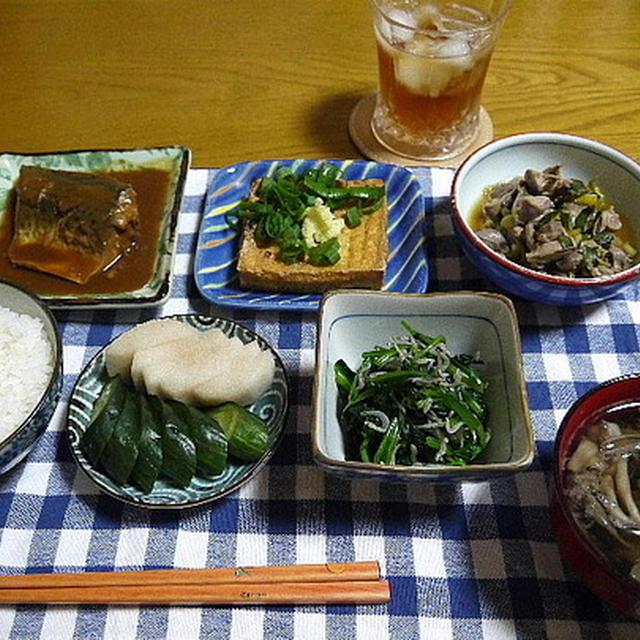 【夕食】さばの味噌煮・砂ずりのぽん酢和え・厚揚げの焼いたん…
