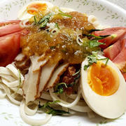 具麺をかけてうどん＆キャベツの塩昆布和え＆百日草♪