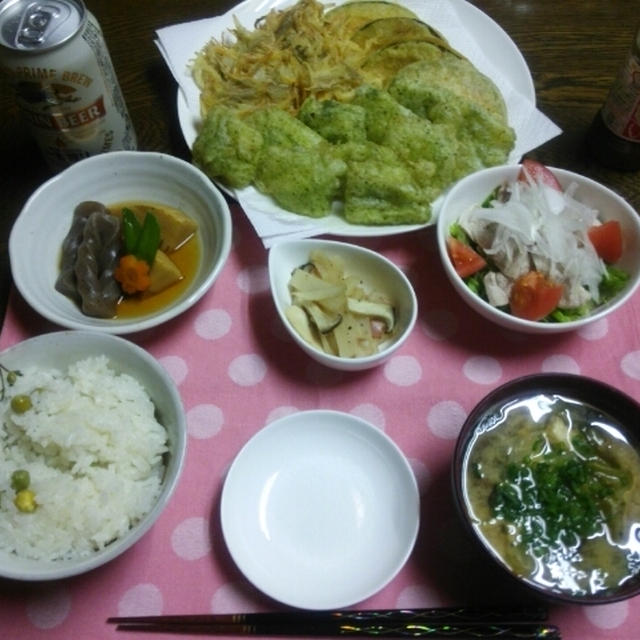【晩ごはん】豆ごはんと天ぷら。