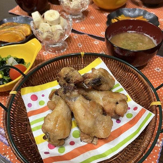 【おうちごはん】オーブンdeお手軽に！【フライドチキンの夕食】。と、【おつまみ】と。100歳！？