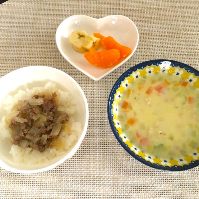 【離乳食完了期】牛丼&オートミールの豆乳ベジタブルスープ