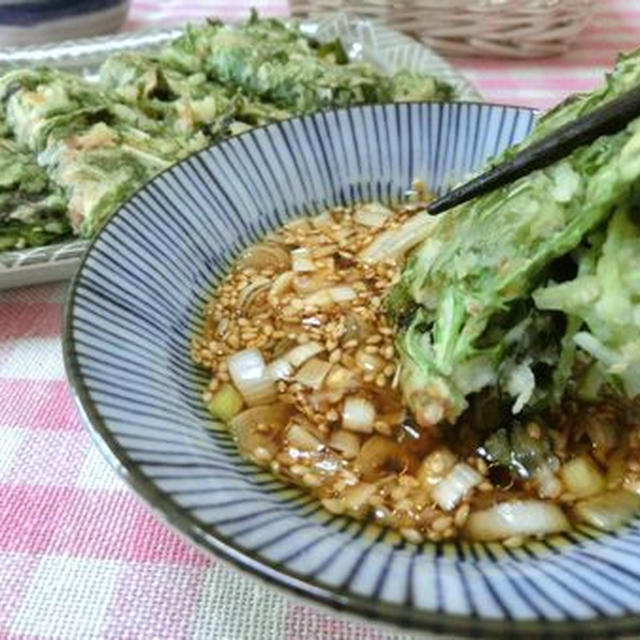 水菜とおかか海苔で和風チヂミ　さっぱりピリ辛にんにくポン酢だれで♪