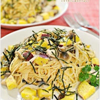 さつま芋ときのこのたらこチーズパスタ / 26日の朝ごはん