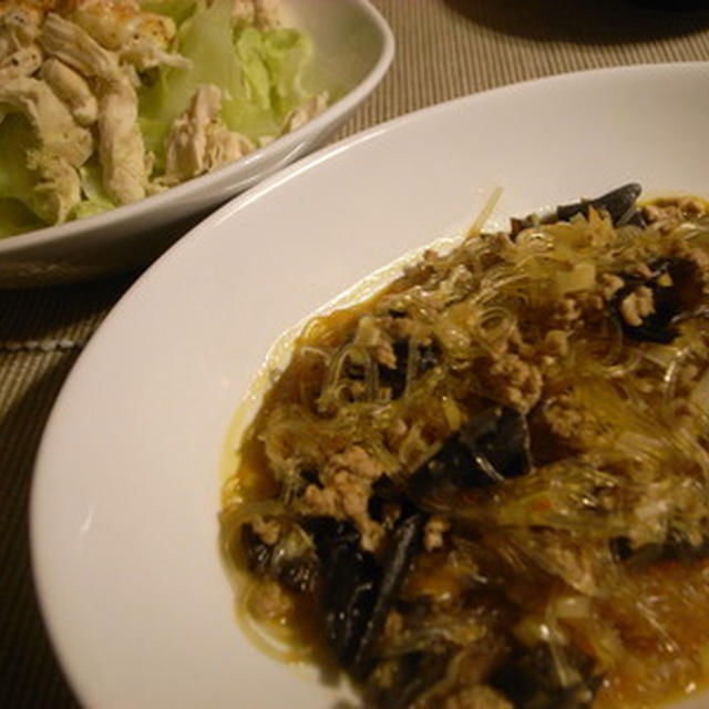 麻婆春雨&キャベツと蒸し鶏のサラダ