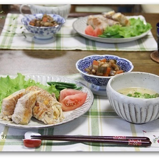 もやしとフワフワ卵の豚ロール&五目豆煮　何の花？