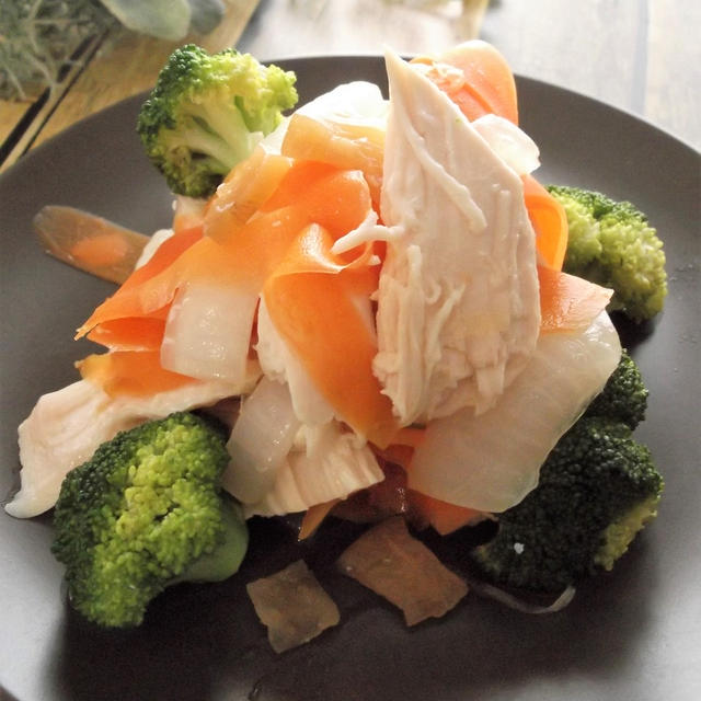 サラダチキンと福神漬けで簡単♪フライパンで蒸し炒め肉野菜。