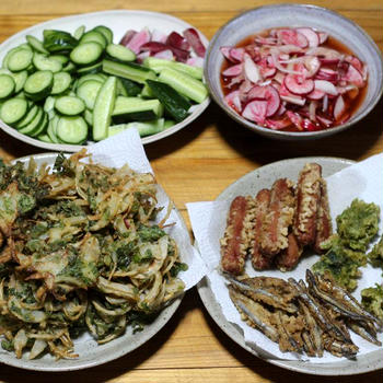 おすそわけのタマネギと自家栽培ハツカダイコンの葉のかき揚げ、ハツカダイコンの三杯酢和えほか。