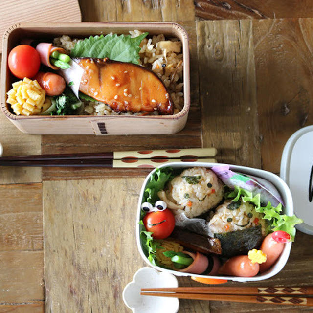 【親子弁】きのこの炊き込みご飯と銀ひらすみりん干し弁当