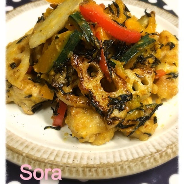 野菜と鶏肉のマヨひじき炒め