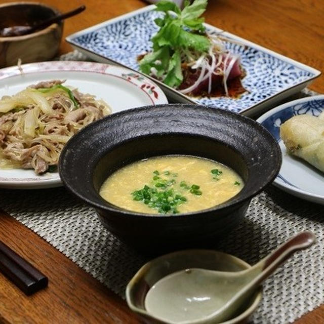 レシピ付き献立　マグロのにんにくソースかけ・白菜と春雨と豚肉の炒め物・春巻き・中華コーンスープ