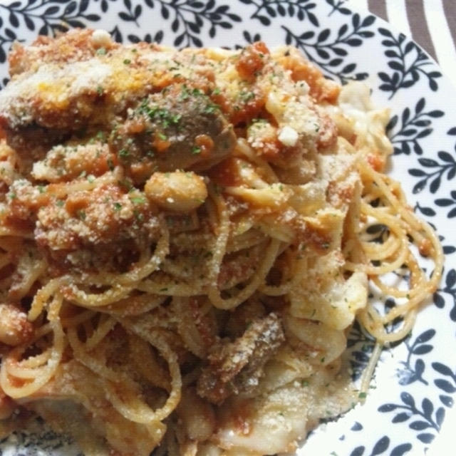 【サンマと大豆とキャベツのトマトソーススパゲティ】