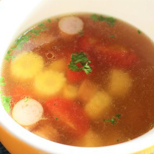 365日汁物レシピNo.126「ヤングコーンとトマトのスープ」