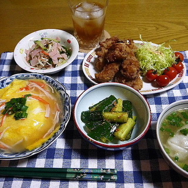 【夕食】天津飯・鶏の竜田揚げ・春雨サラダ…