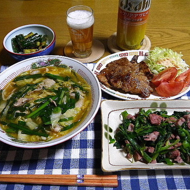 【夕食】天理スタミナラーメン・鹿児島薩摩黒豚味噌漬け焼き・ほうれん草とソフトサラミの炒め物…
