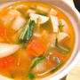魚肉ソーセージとトマトと水菜のスープ