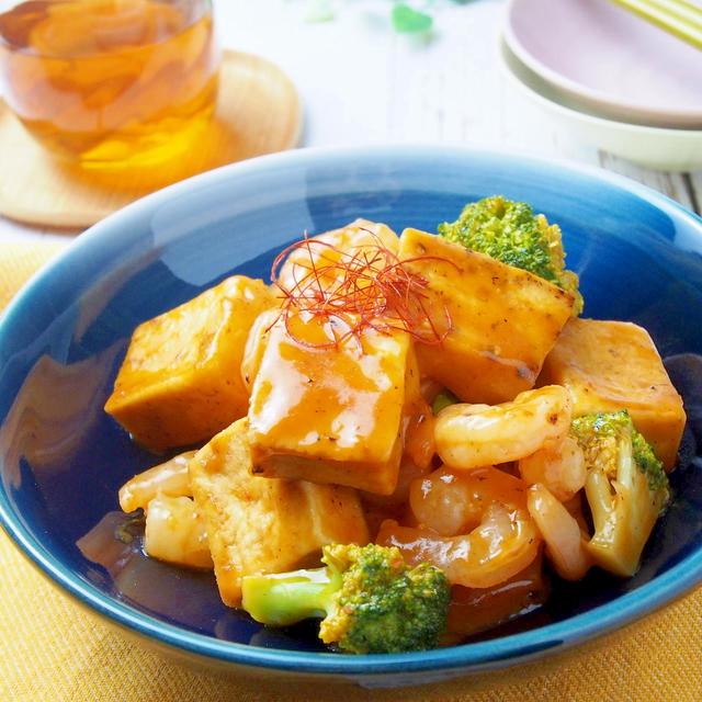 【主菜】こうや豆腐とエビの山椒チリソース炒め【15分】