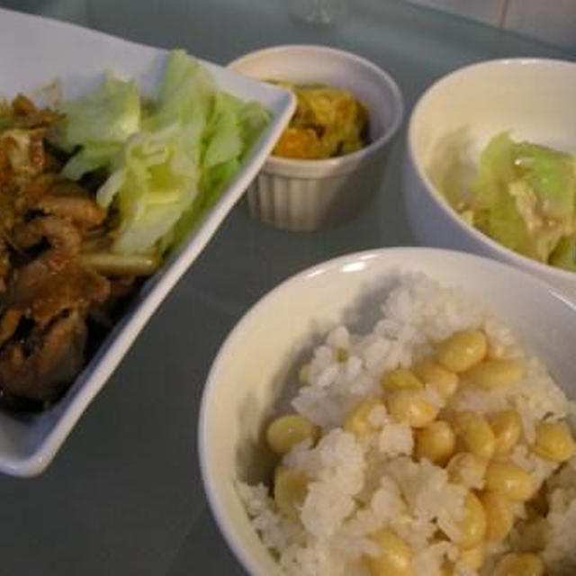 豆ごはん再びとキャベツと豚肉のみそ炒め