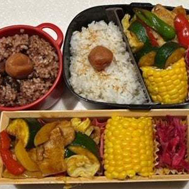 豚バラと野菜のカレー炒め弁当・庭の果物