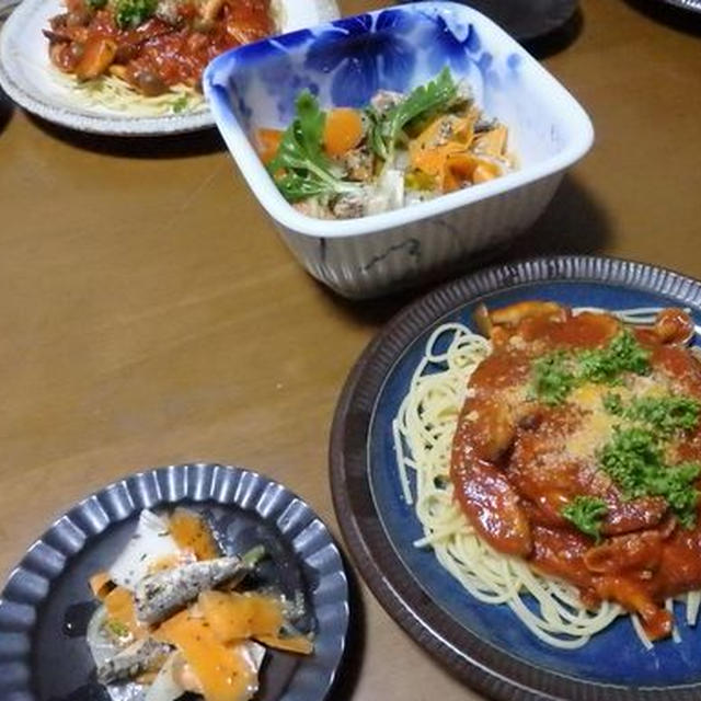 茄子ときのこのトマトパスタ＆オイルサーディンと香草のサラダ