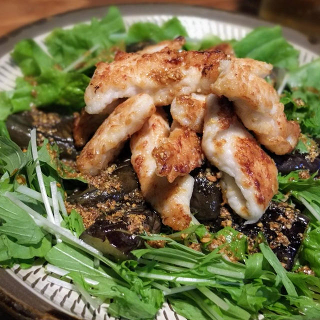 鶏ささみと茄子のアーモンドオイル焼き