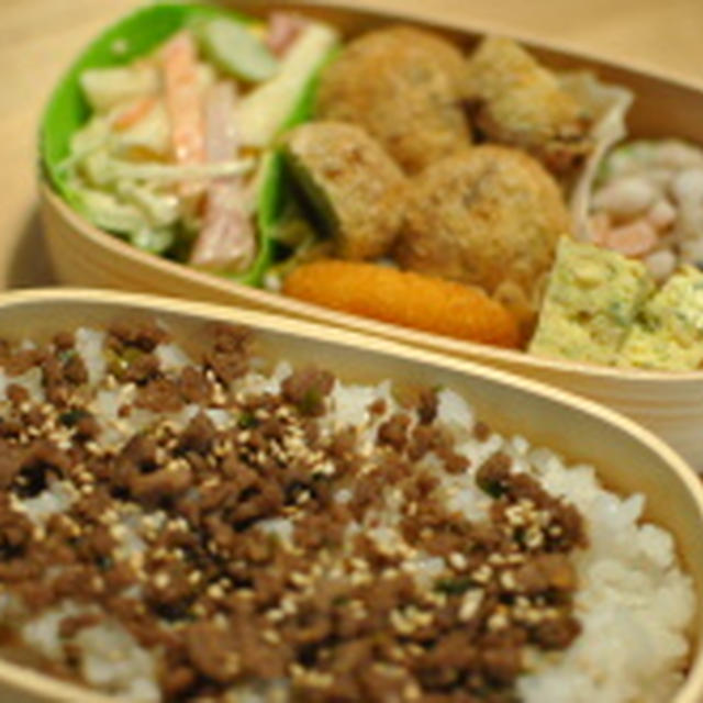 パパさん弁当日記～カレーコロッケと牛そぼろ弁当