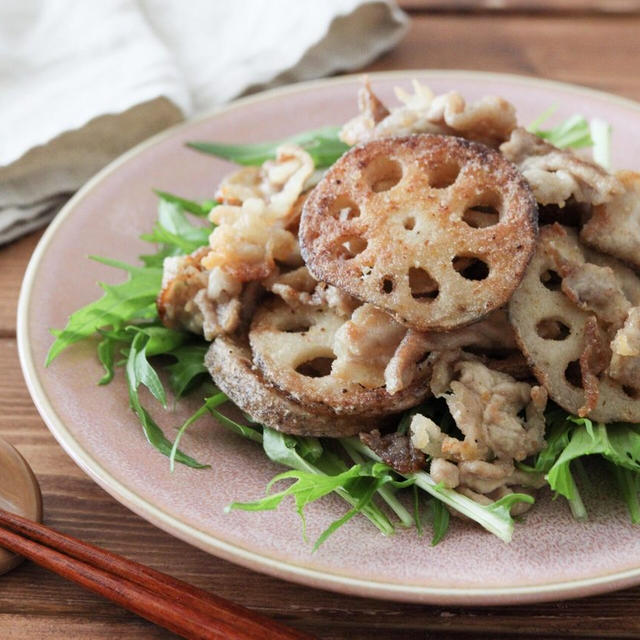 れんこんと豚肉のカリカリオリーブオイル焼き