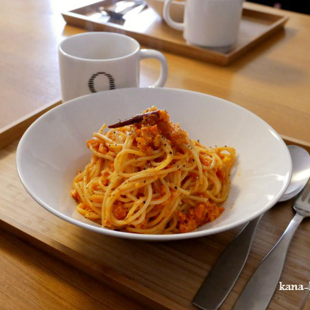 カニ缶を使って＊カニトマトクリームスパゲッティ