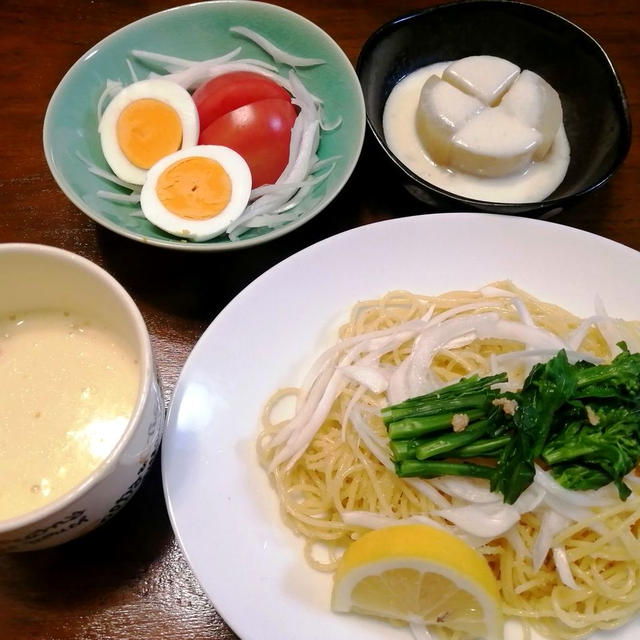 「春野菜-めんたいパスタ」と「だし煮大根-塩麴ソース」