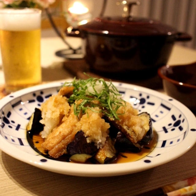 白身魚の竜田揚げと揚げ茄子の、みぞれポン酢
