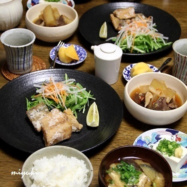 あじの竜田揚げと牛すじ大根。和食ごはん。