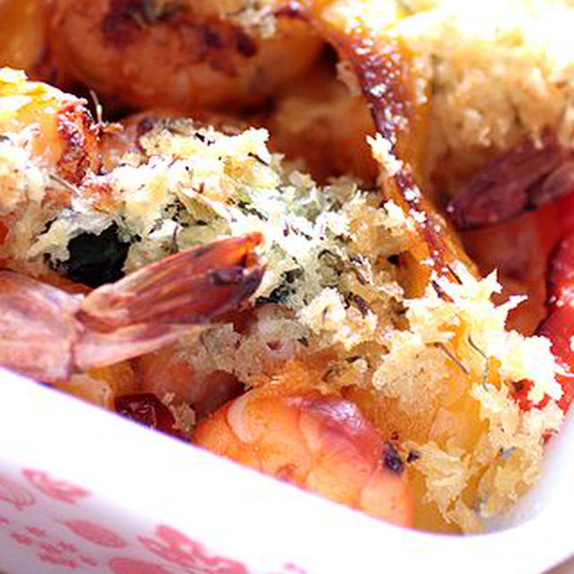 ズッキーニとパプリカ、えびのハーブパン粉焼き。