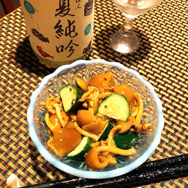なめこと胡瓜の粒マスタード和え、ホタテと三つ葉の卵とじ、鰹と葱の味噌炒め
