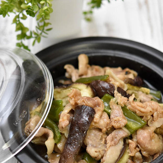 レンジで簡単！豚肉となすの中華風蒸し｜HARIO レンジクッキングプレート