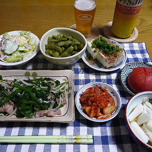 【晩酌】豚肉とニラの炒め物・めかぶ＆山芋・枝豆…