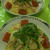 トマト寒天で冷パスタとコーン茶を飲むリダ