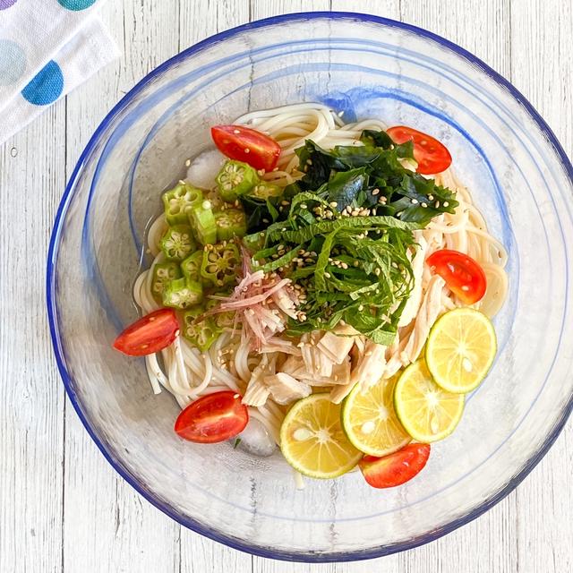 ＊薬味たっぷり♪蒸し鶏とオクラの冷やしうどん＊