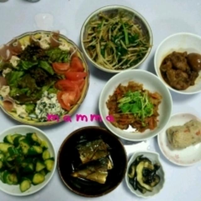 ☆将来の常連客と鯖の煮付け＆豚ニラもやし＆白ゴーヤのキンピラ＆生ハムと白和え他☆9/13