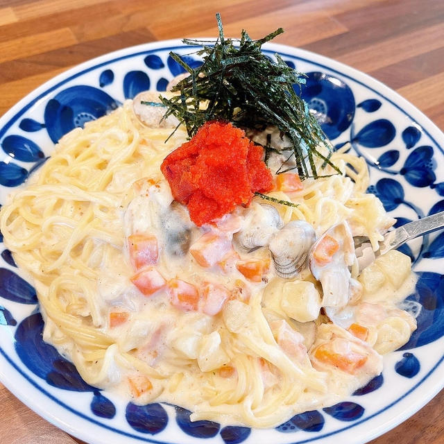 クラムチャウダーの残りで明太クリームパスタです！！
